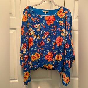 Pioneer Woman Blue blouse with pink/turquoise birds, yellow flowers size Large